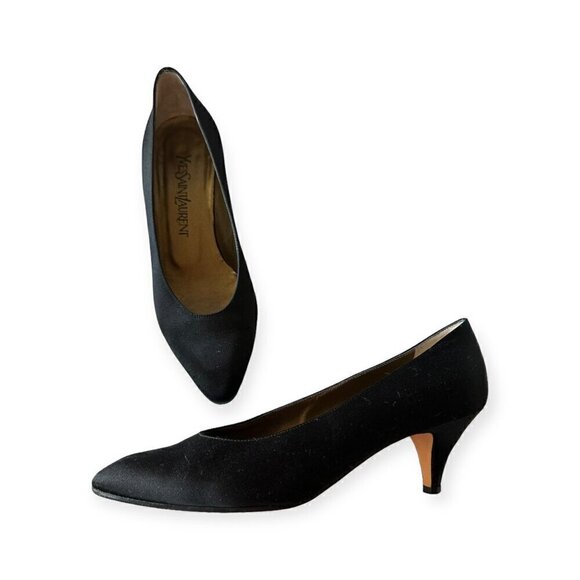 Yves Saint Laurent Vintage 80s Black  Satin Pumps, Size 7 1/2, Made in Italy - Picture 2 of 12